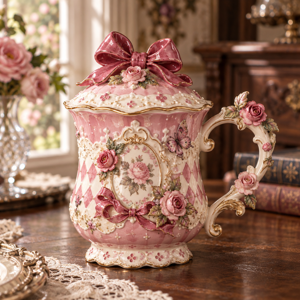 Qunzelaviro Blush Rose Bow Lidded Mug — product view 2