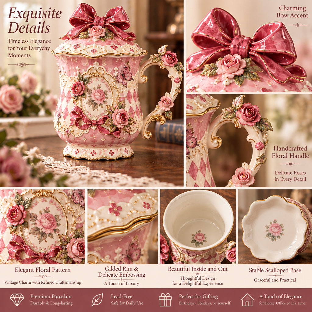 Qunzelaviro Blush Rose Bow Lidded Mug — product view 3