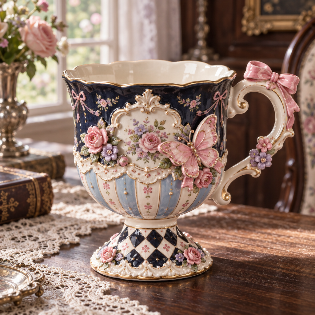 Qunzelaviro Midnight Butterfly Pedestal Mug — product view 2