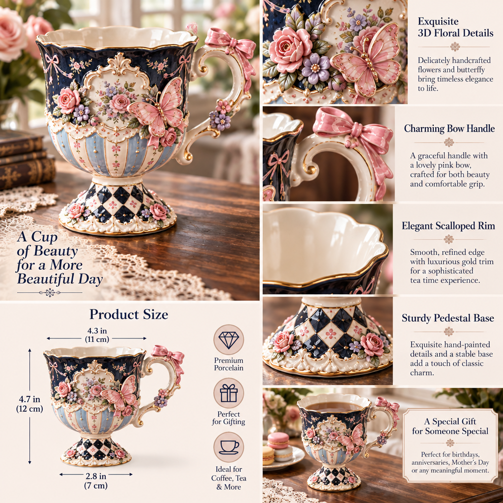 Qunzelaviro Midnight Butterfly Pedestal Mug — product view 3
