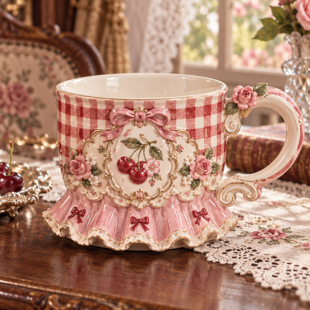 Qunzelaviro Cherry Gingham Ruffle Mug — product view 2