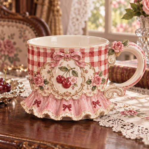 Qunzelaviro Cherry Gingham Ruffle Mug — product view 2