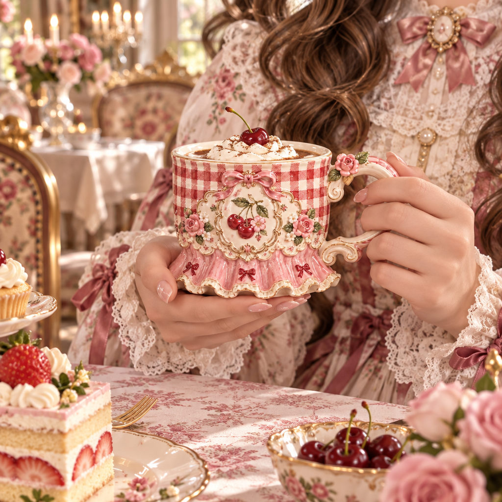 Qunzelaviro Cherry Gingham Ruffle Mug — product view 1