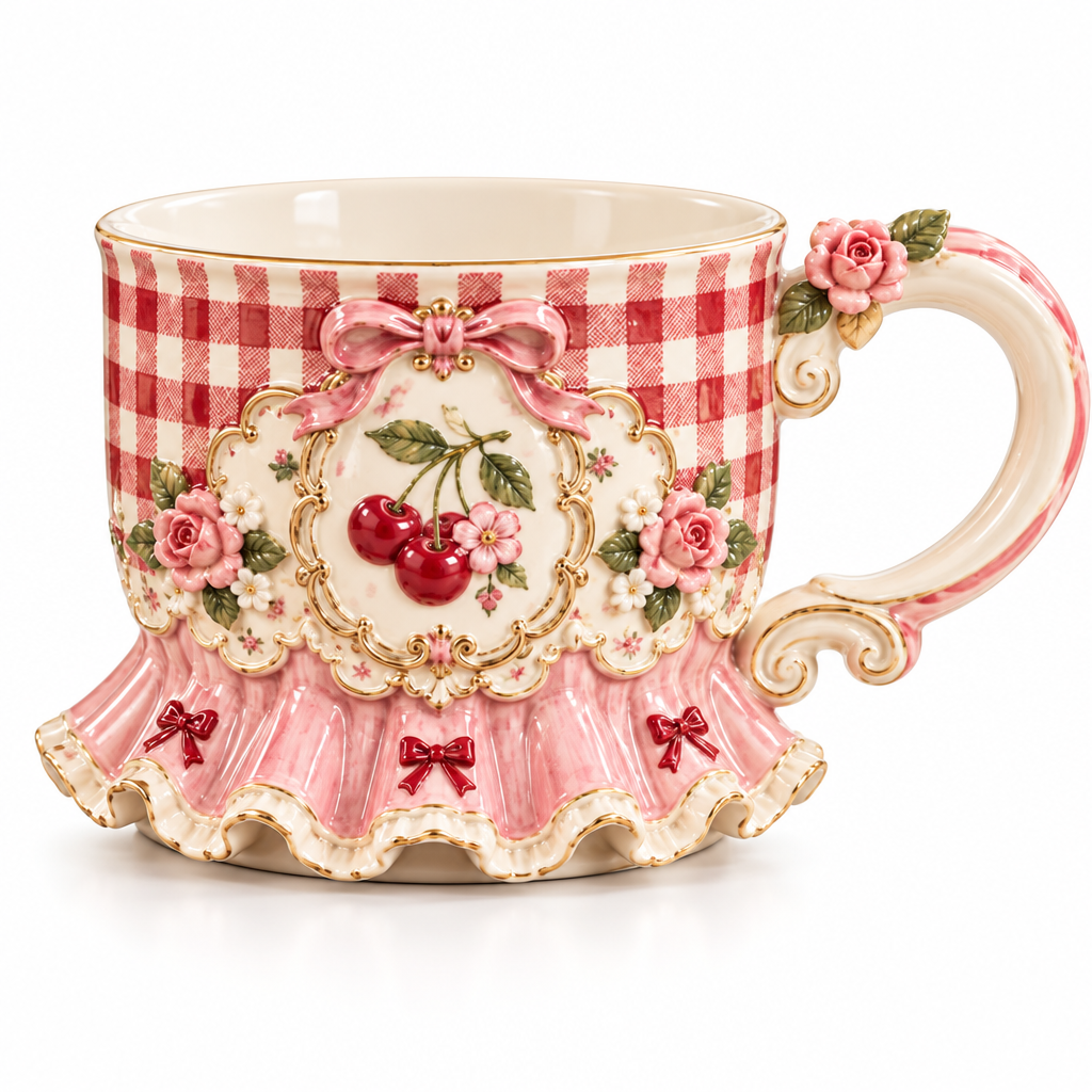 Qunzelaviro Cherry Gingham Ruffle Mug — product view 4