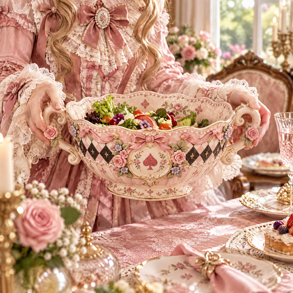Qunzelaviro Rose & Spade Double-Handle Serving Bowl — product view 1